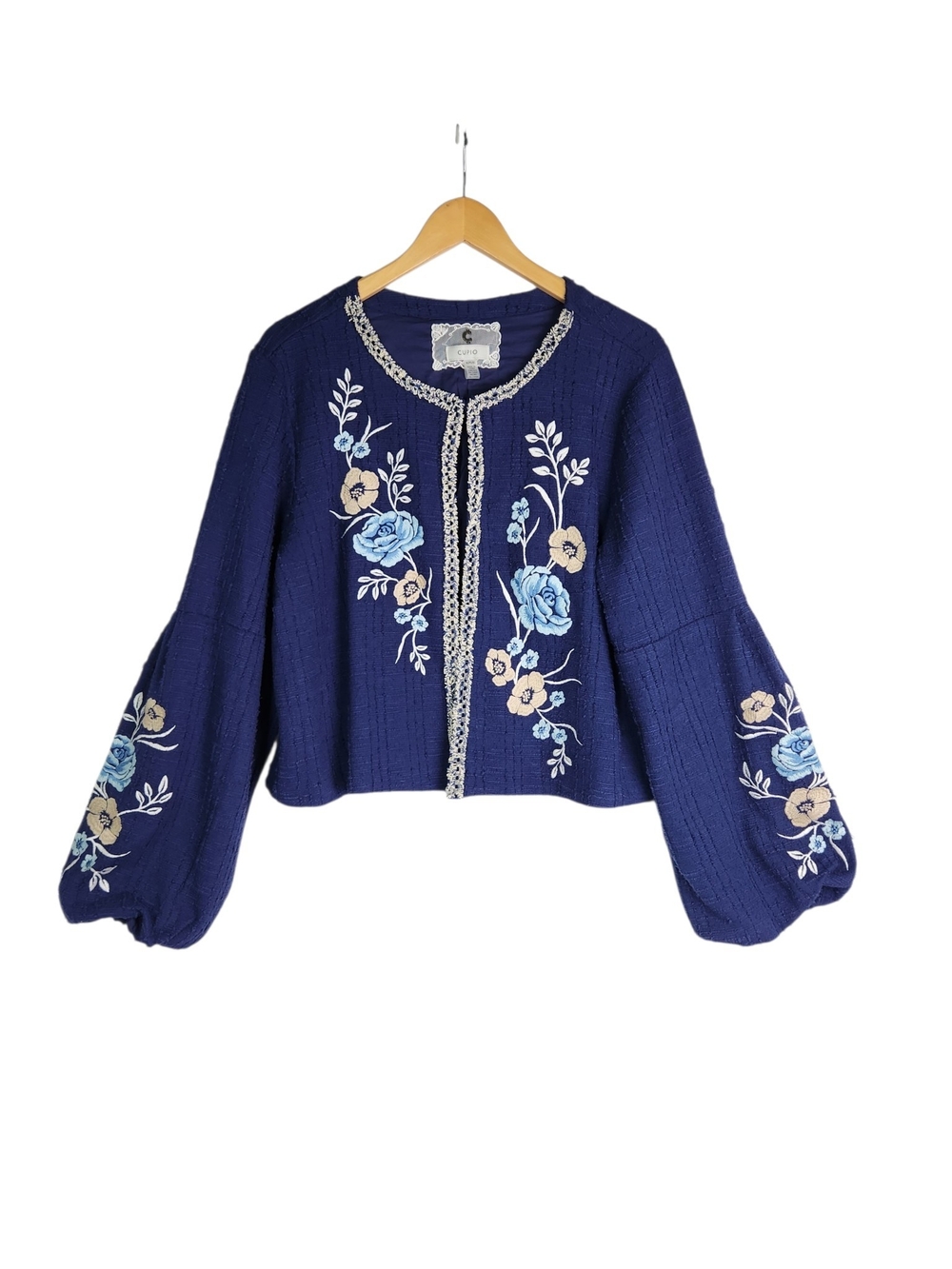 Cupio Blue Embroidered Floral Open Front Balloon Sleeve Cropped Jacket XL Boho